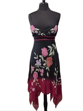 Cache Vintage Y2K Silk New With Tag Black Fuchsia Floral Handkerchief-Hem Dress